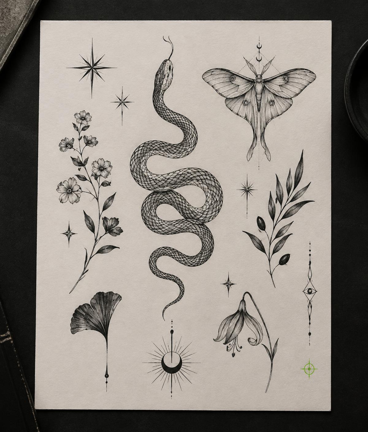 Original fine-line tattoo flash designs